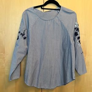 MNG by Mango Navy and White Pinstripe Top with Embroidered Sleeves